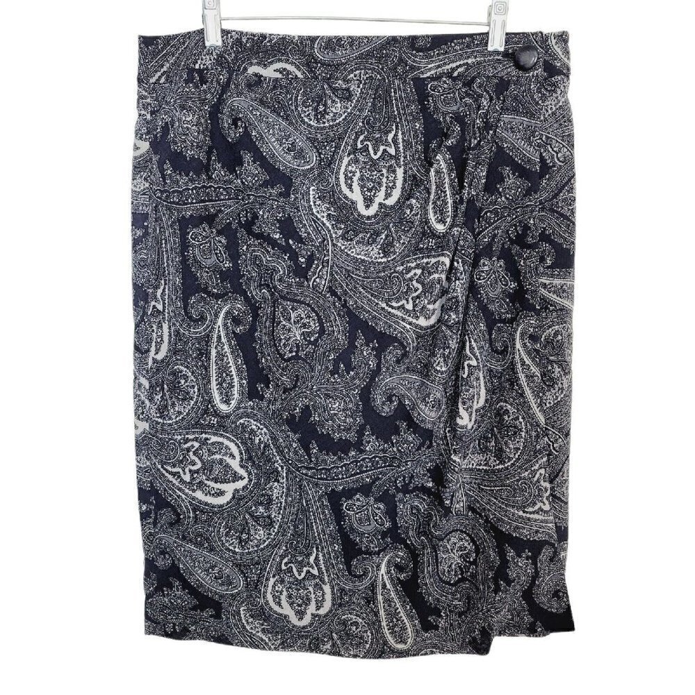 Talbots Petites Sz 14 Gathered Wrap Skirt Wool Black Paisley Career Office EUC